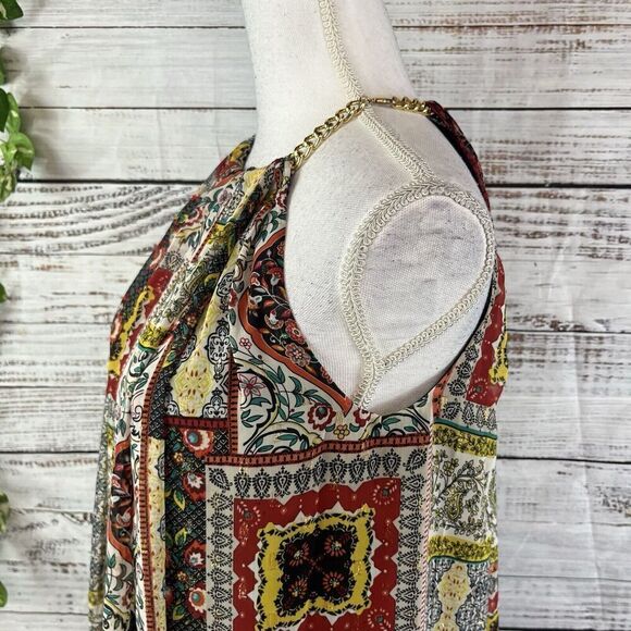 Tahari Dress size Small Orange Blue Gold Floral Paisley Boho Sheer Trapeze Boho - Picture 15 of 16